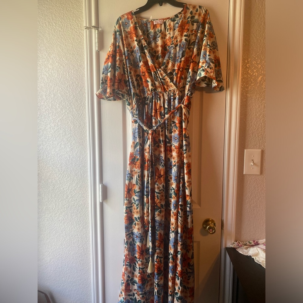 Blue and orange floral maxi dress from pink lily